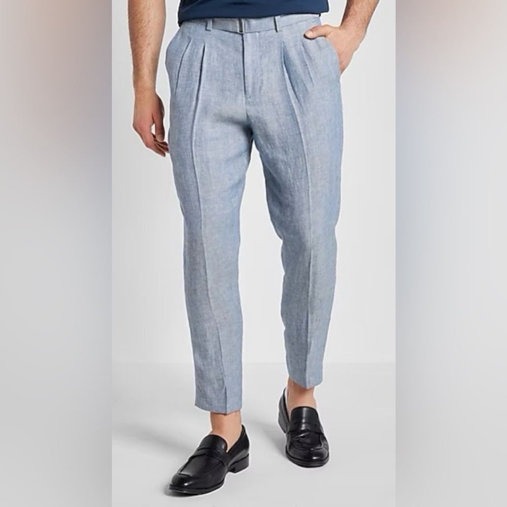 🆕 Express 100% Linen Light Blue Pleated Slim Crop Chinos